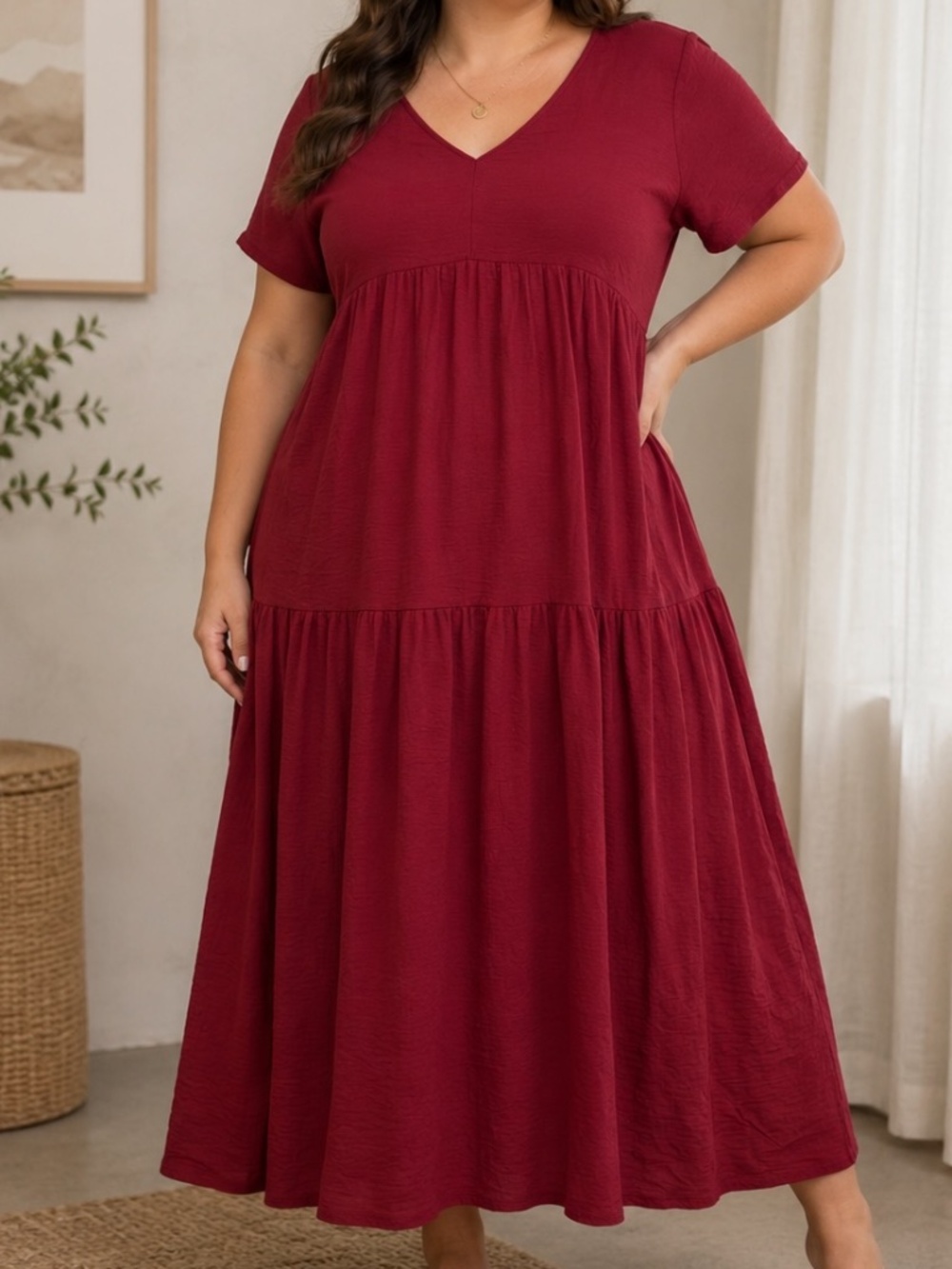 Midi Dress Womens Size 1X Burgundy V-Neck Poetcore Feminine Romantic
